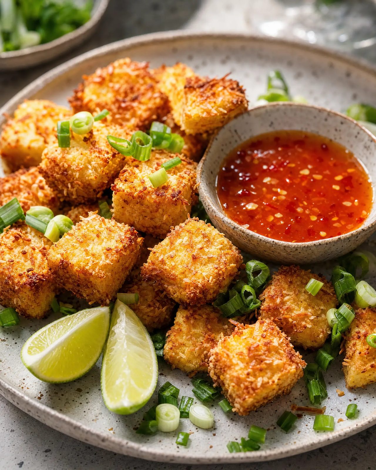 Golden coconut-crusted tofu pieces on a plate