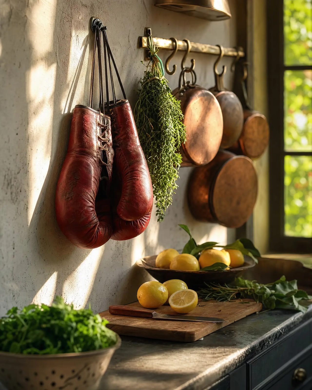 Red boxing gloves hanging in a sunlit kitchen