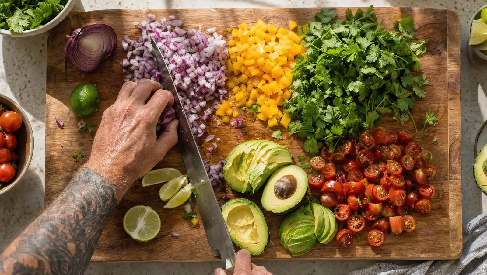 Overhead cutting board with a rainbow of chopped vegetables