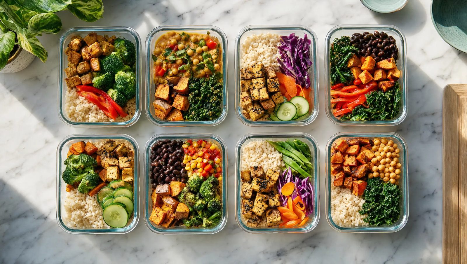 Eight glass meal-prep containers filled with colourful plant-based meals