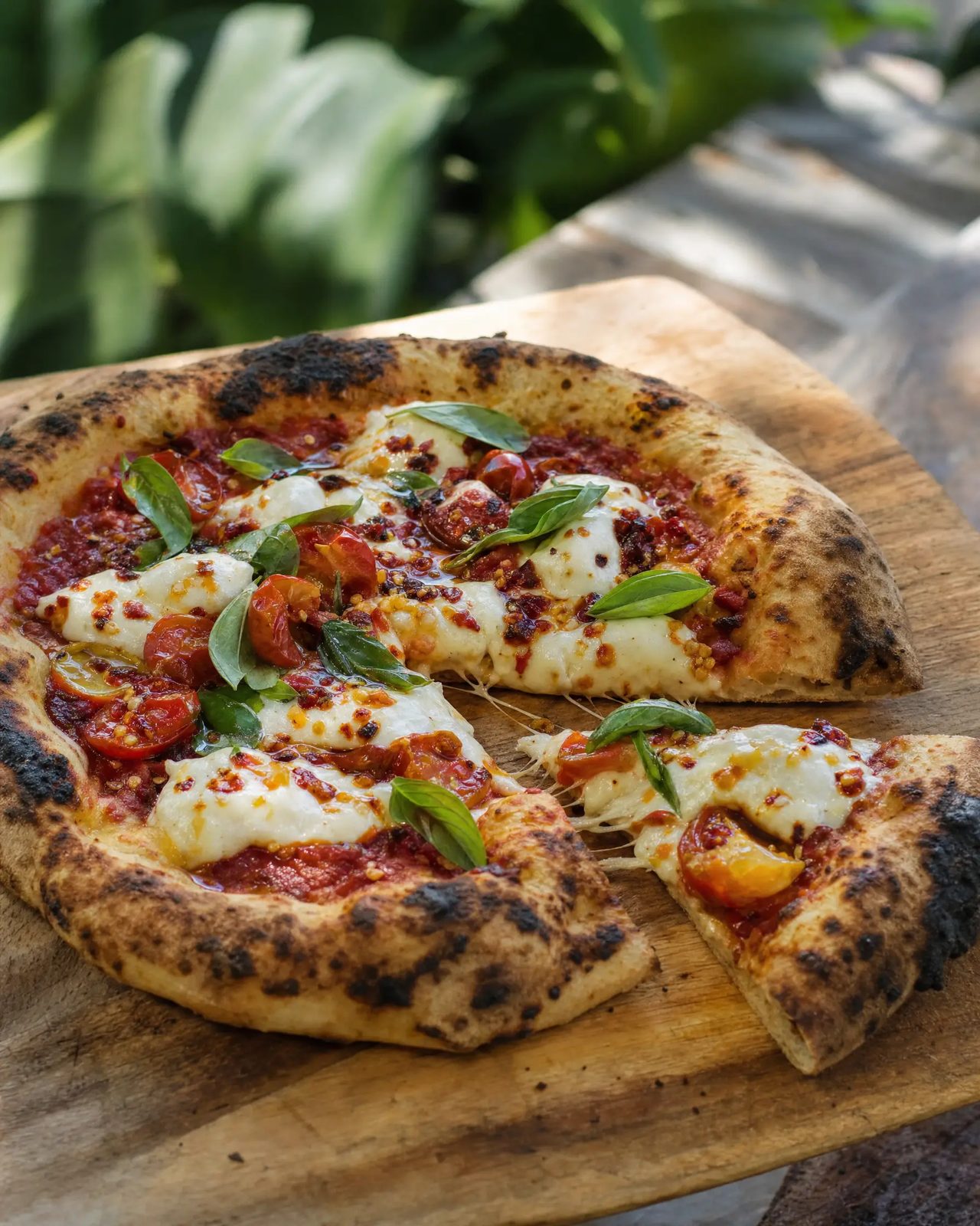 Vegan pizza loaded with vegetables on a blistered crust