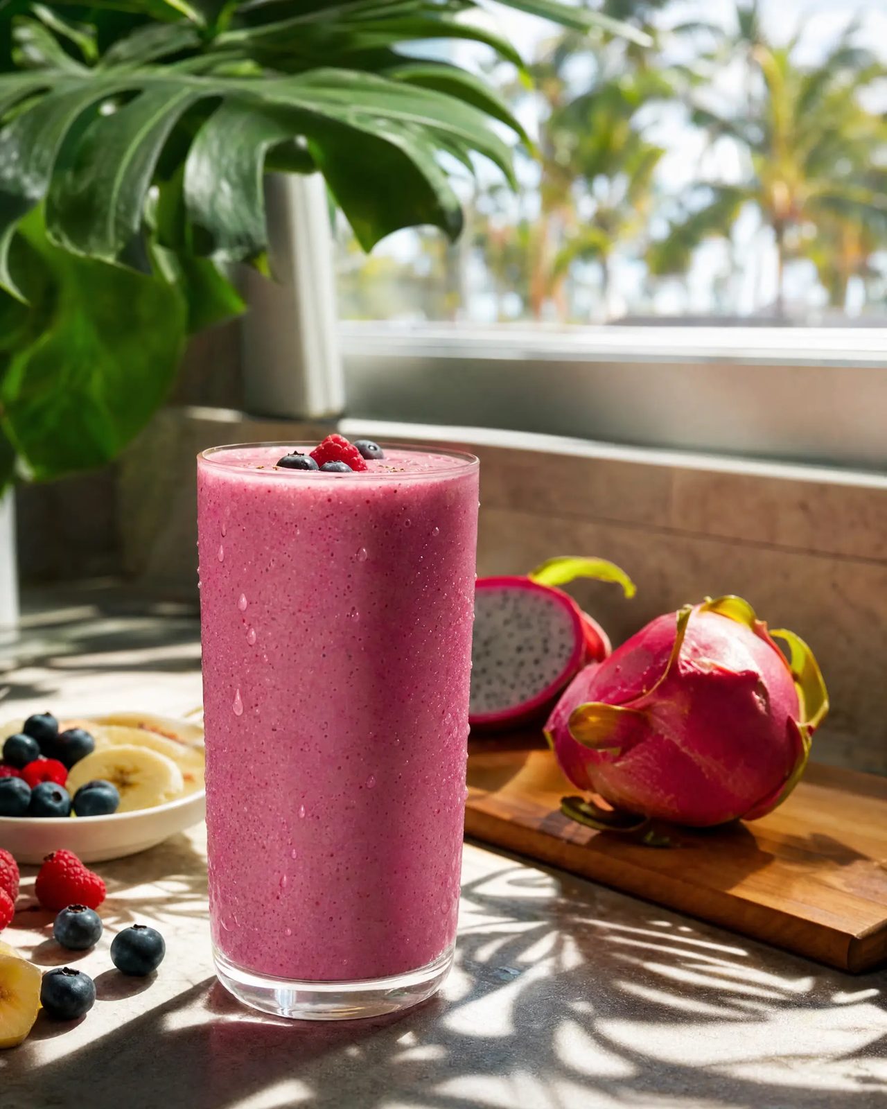 Thick plant-based smoothie in a glass topped with fruit